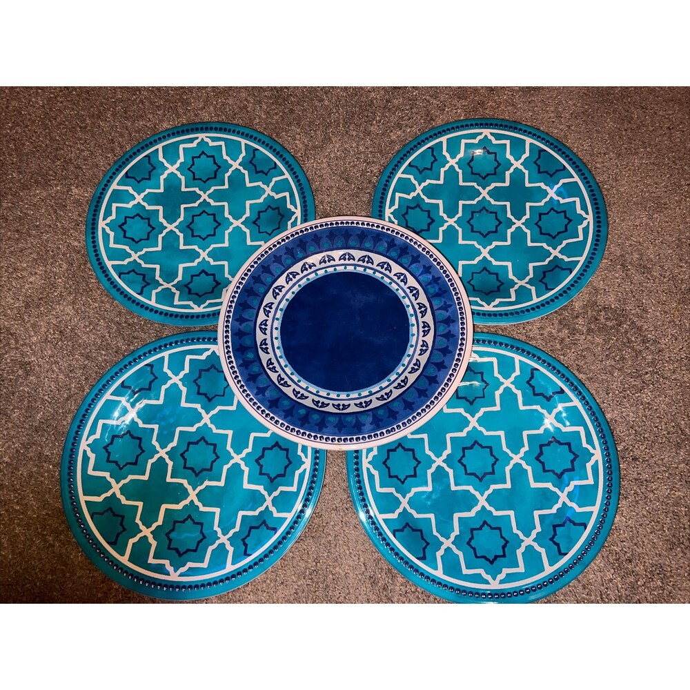Melamine 5 Better Homes & Gardens Dinner Plates Teal Geometric Teal Blue White